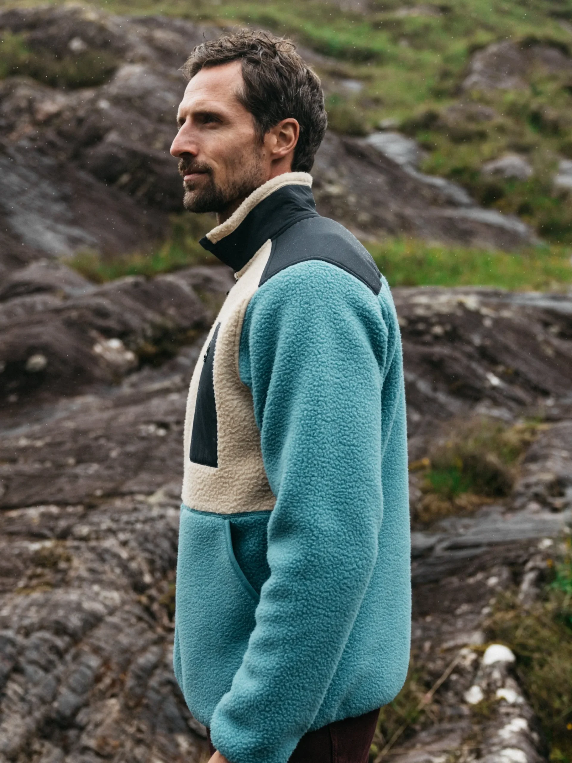 Best Finisterre Men's Bolster 1/4 Zip Fleece OceanStorm/Oatmeal