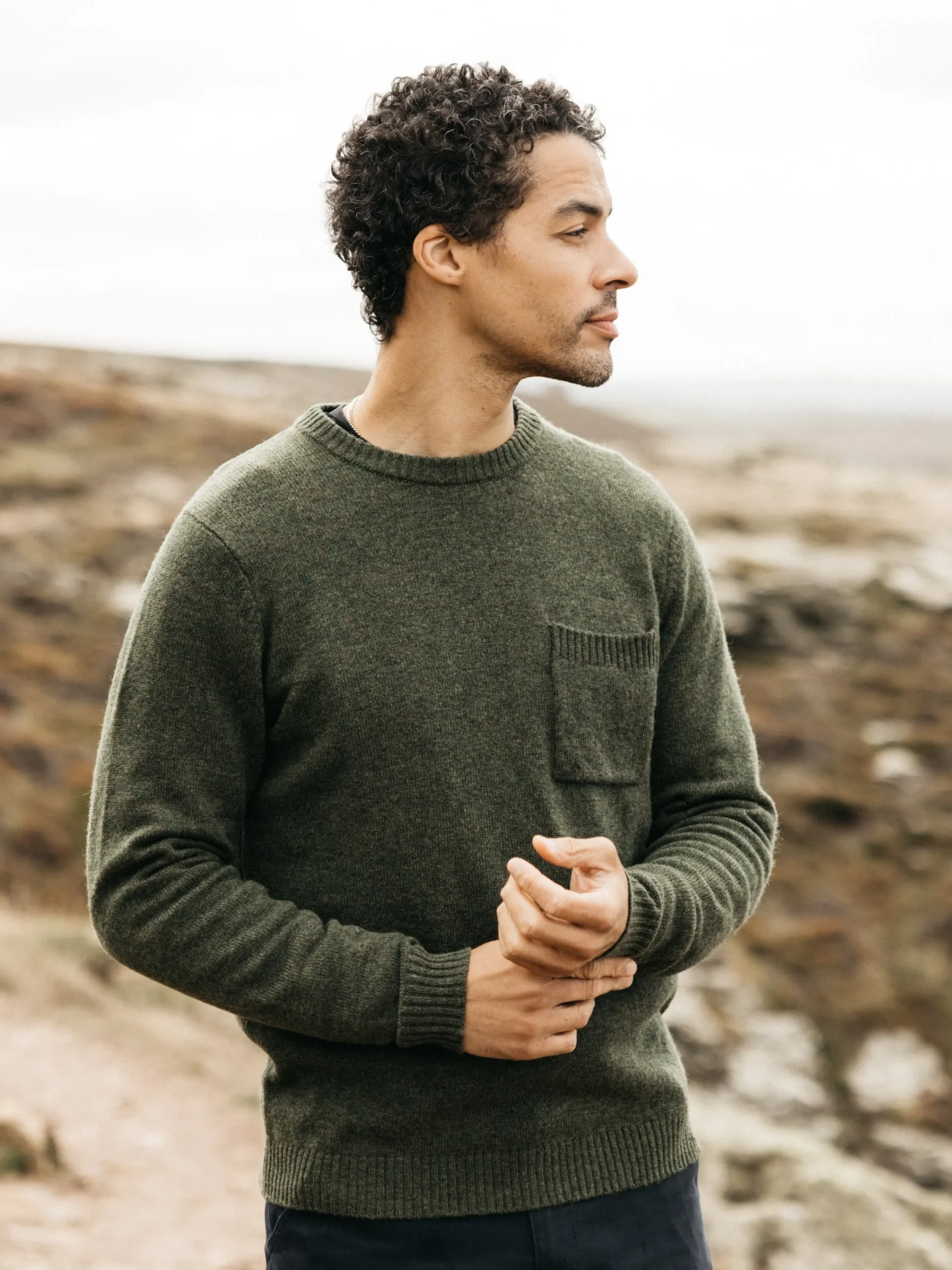 Clearance Finisterre Men's Cavan Pocket Knit Sweater Olive