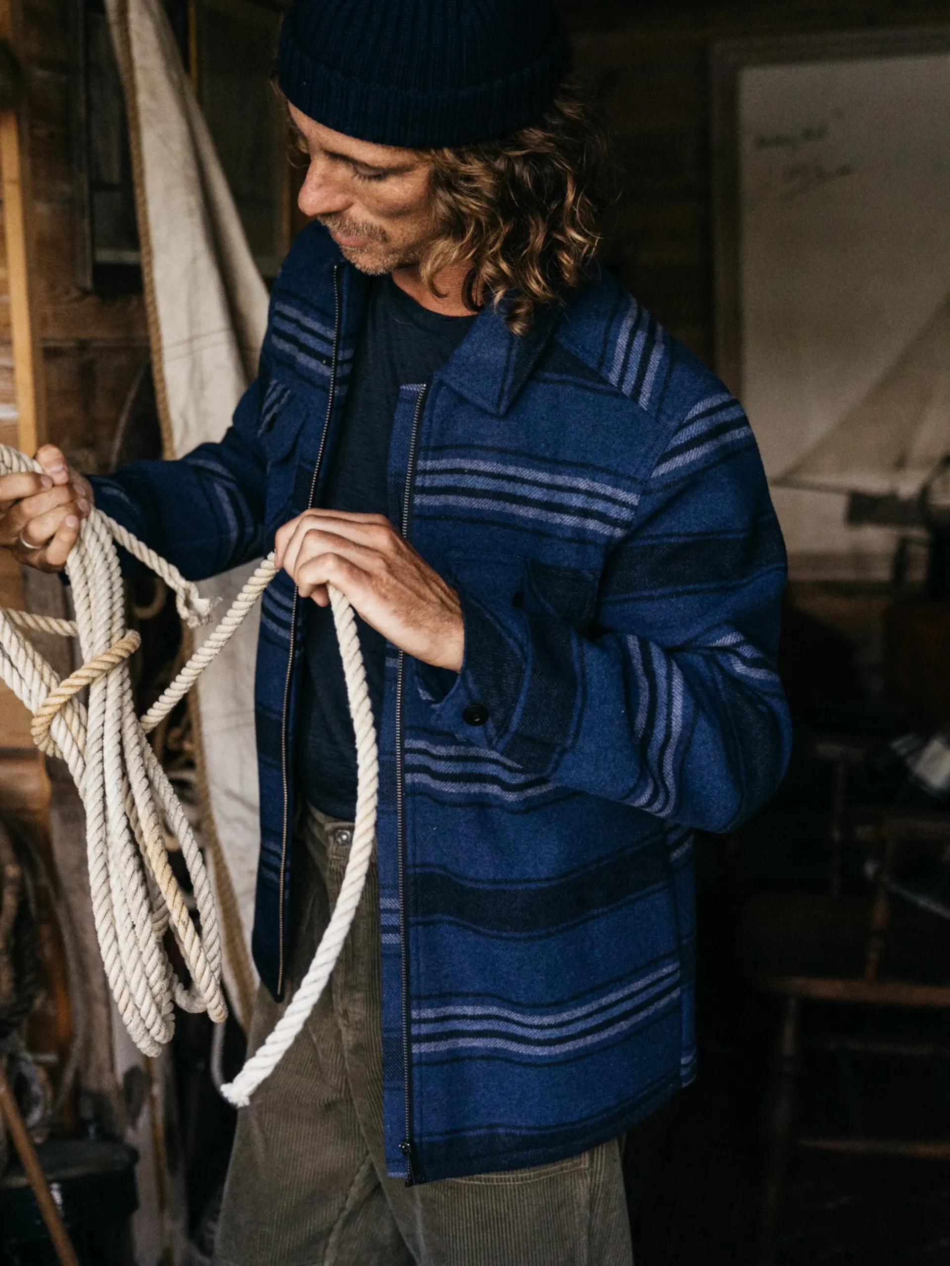 Shop Finisterre Men's Garrick Zip Overshirt NavyStripe