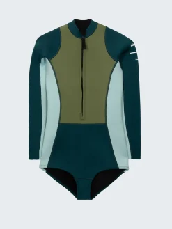 Best Finisterre Women's Nieuwland 2mm Yulex® Long Sleeve Swimsuit Teal/Khaki/Aqua